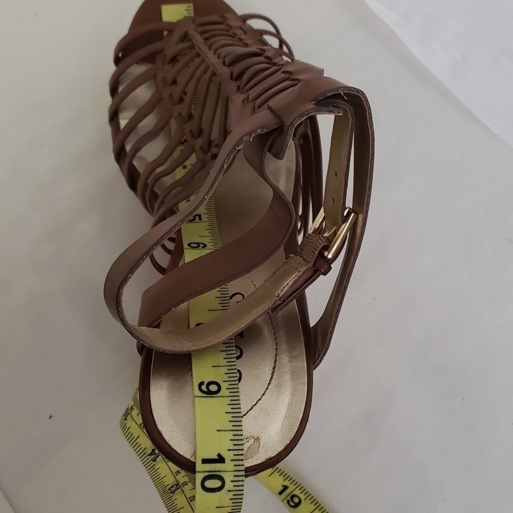 Guess Cage Gladiator Platform Cork Wedge Sandals 9.5 EUC Brown Natural
